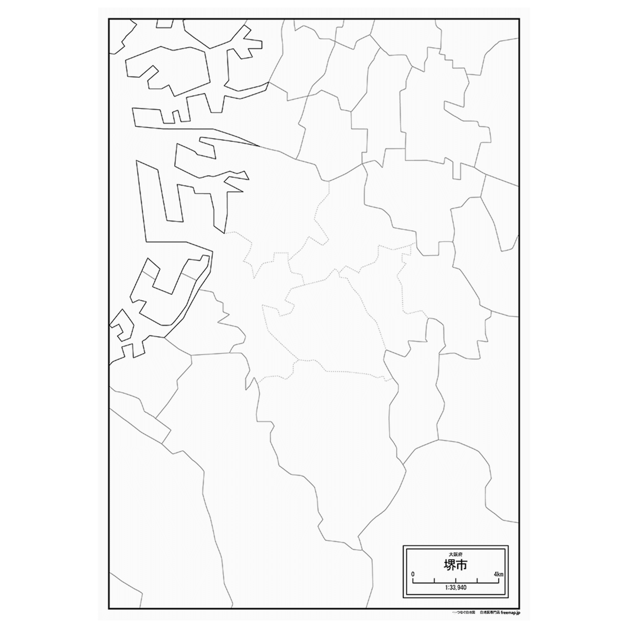 大阪府堺市の紙の白地図