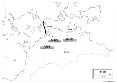主要な都市を書いた香川県の白地図