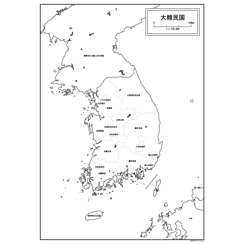 大韓民国（韓国）の白地図のサムネイル