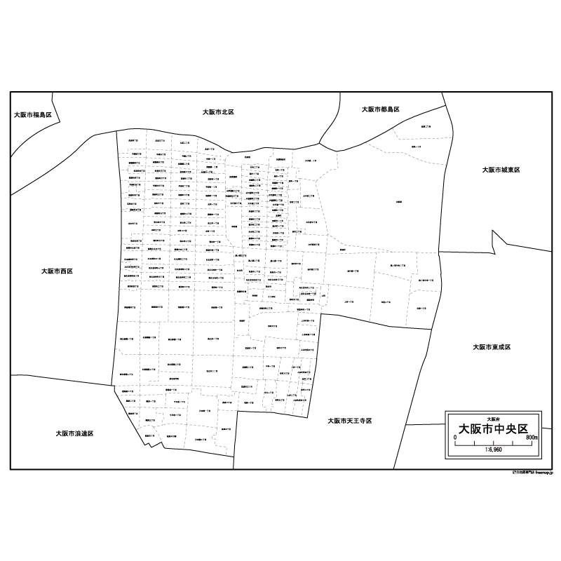 大阪市中央区の白地図のサムネイル