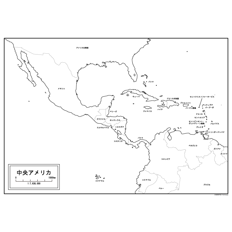 中央アメリカ地域全図の白地図のサムネイル